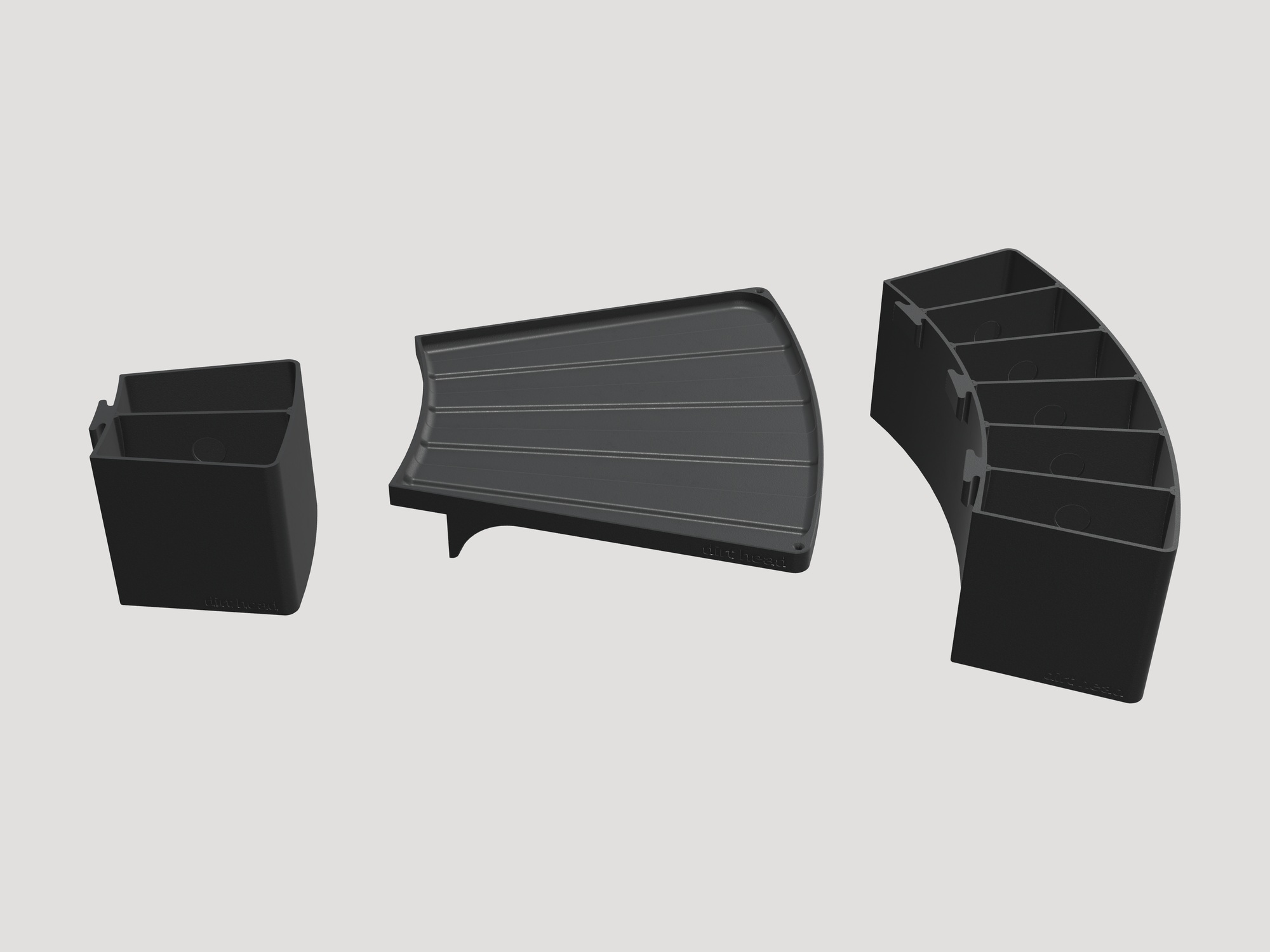 A container, divider and hook shown separated